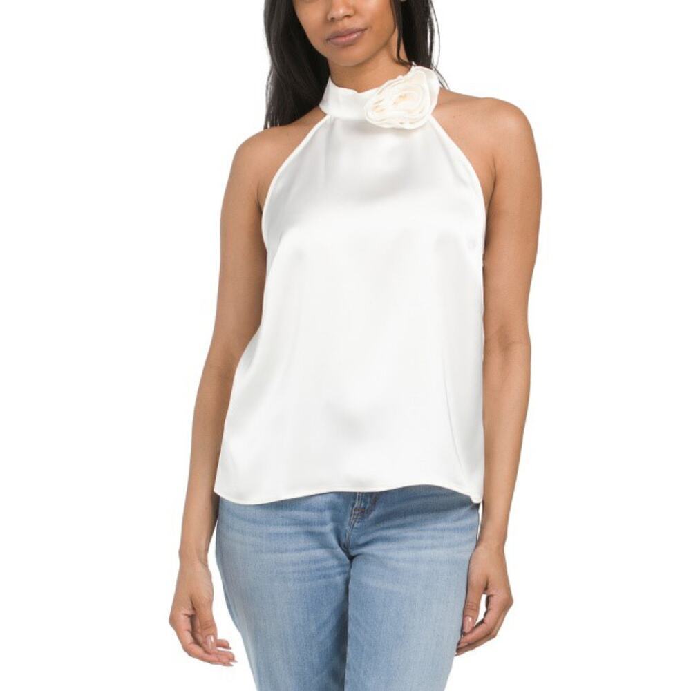 NWT Cynthia Rowley Satin Finish Sleeveless Floral Applique Halter Top Blouse